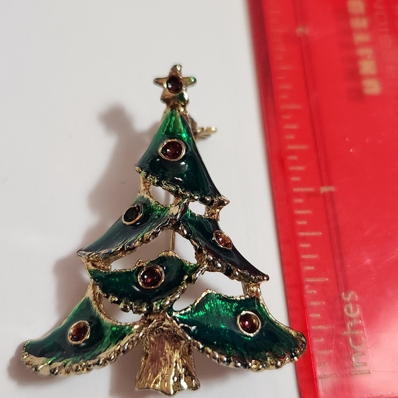 Vintage ladies Christmas tree brooch pin green enamel with red stones - Picture 4 of 4